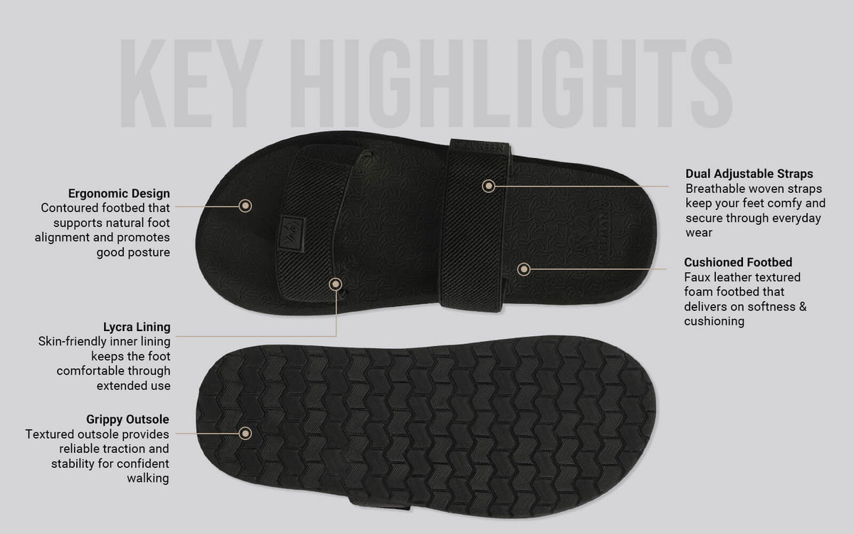 Neeman's women’s Lycra fabric Commute Sandals For Women : Black adjustable strap cushioned footbed casual everyday wear top and bottom view