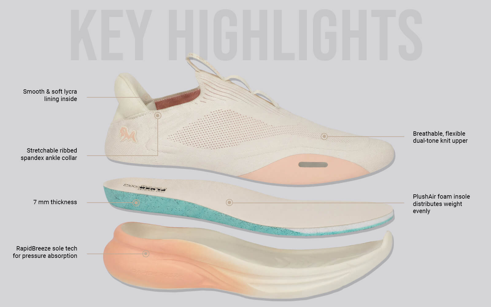 Rapid Breeze Vigor Slip Ons For Women : Ivory fabric slip-on shoes regular fit ivory breathable flexible dual-tone knit upper with smooth lycra lining, stretchable ribbed spandex ankle collar, plush air foam insole for even weight distribution, and pressure absorption sole tech side view