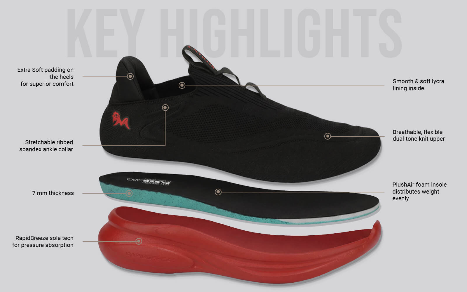 Rapid Breeze Vigor Slip Ons For Men : Red Black knit fabric slip ons casual fit red and black color breathable flexible upper pressure absorbing sole side view