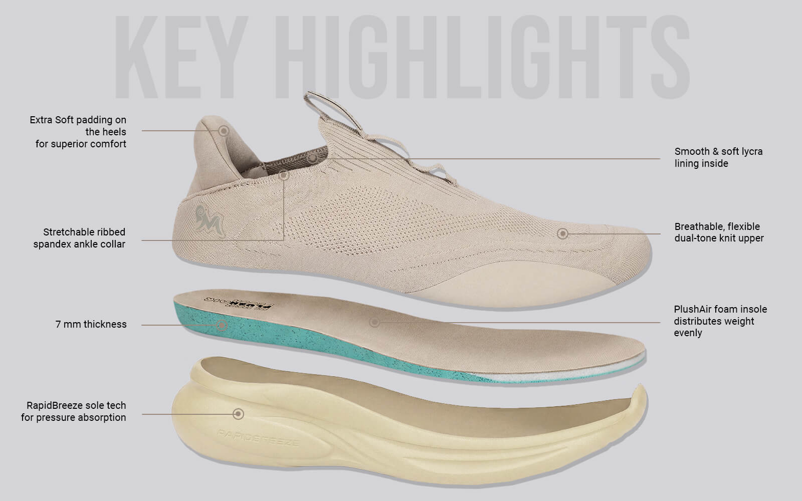 Rapid Breeze Vigor Slip Ons For Men : Goat fabric shoes slip on beige breathable flexible dual-tone knit upper pushair foam insole pressure absorption side view