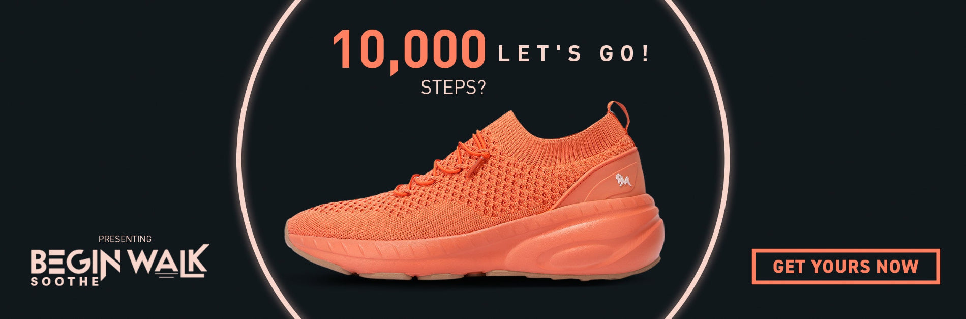 Orange sneaker with '10,000 Let's Go Steps' text on a dark background