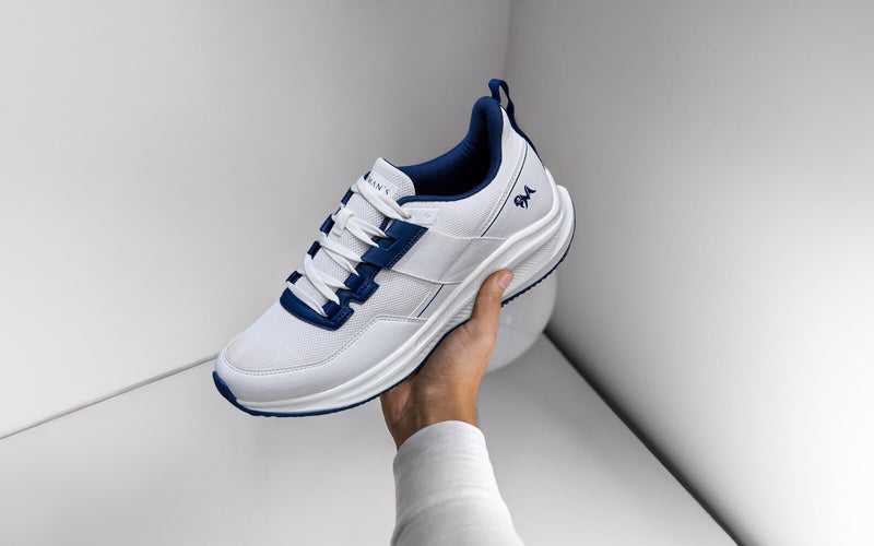 White and navy sneakers discount