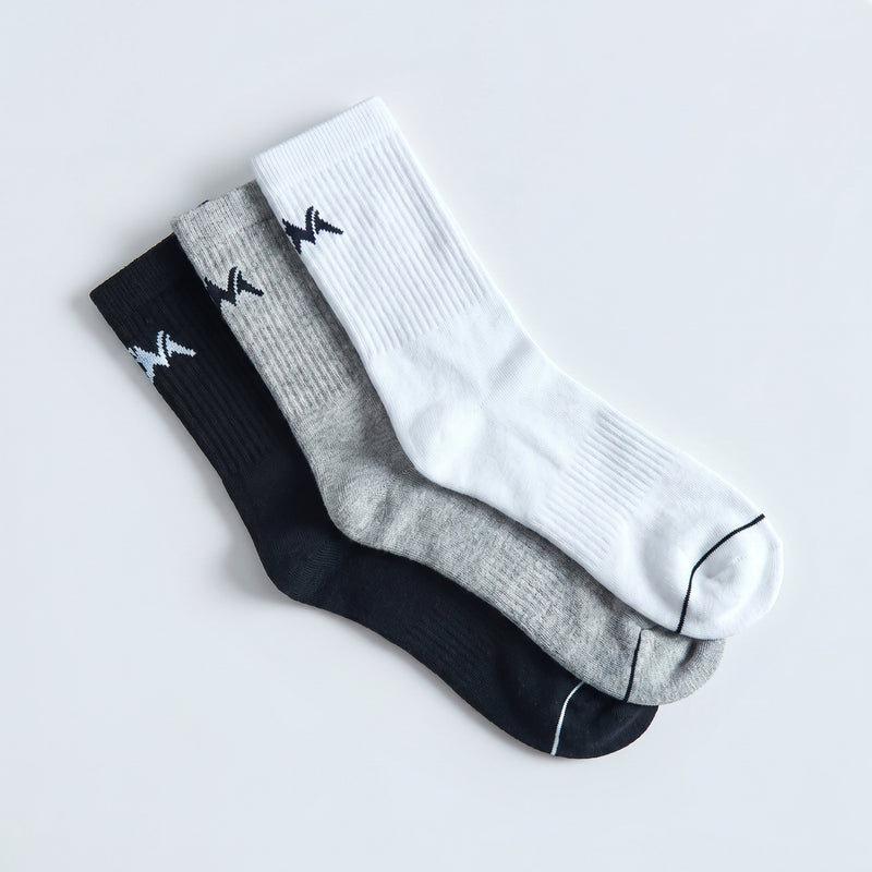 Crew Length Socks : Black Grey White (Pack of 3)