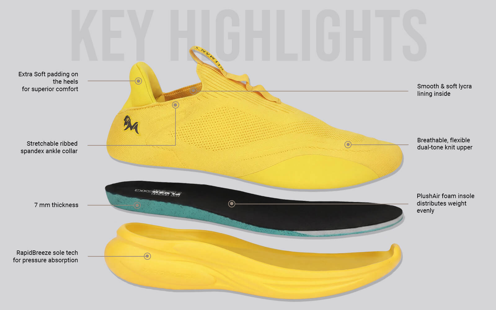 Rapid Breeze Vigor Slip Ons For Men : Yellow lightweight knit shoes slip-on style yellow breathable flexible dual-tone knit upper plush foam insole pressure absorption front side view